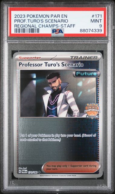 Pokémon - PSA 9: Professor Turo's Scenario (STAFF) (Paradox Rift - Regional Championships STAFF 171/182) - PSA Cert 88074339